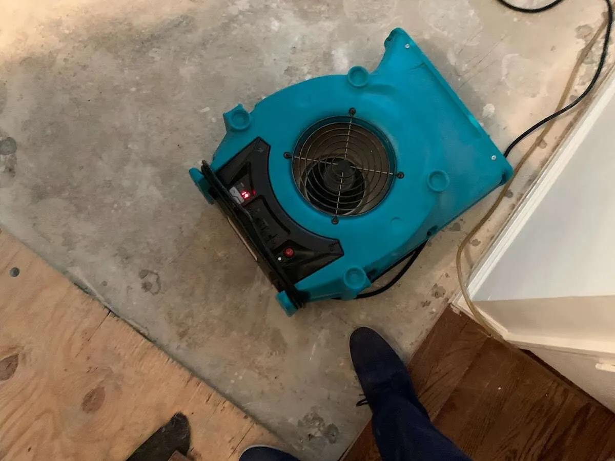 Air mover drying subfloor during Leak Detection & Repair in Wheatfield
